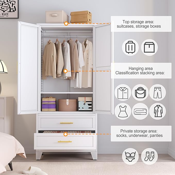 RIETERN Metal Armoire Wardrobe Closet, 71" Tall Bedroom Closet with Mirror, 2 Drawers, Adjustable Shelves, and Hanging Rod, Steel Clothes Closets and Storage, for Bedroom White