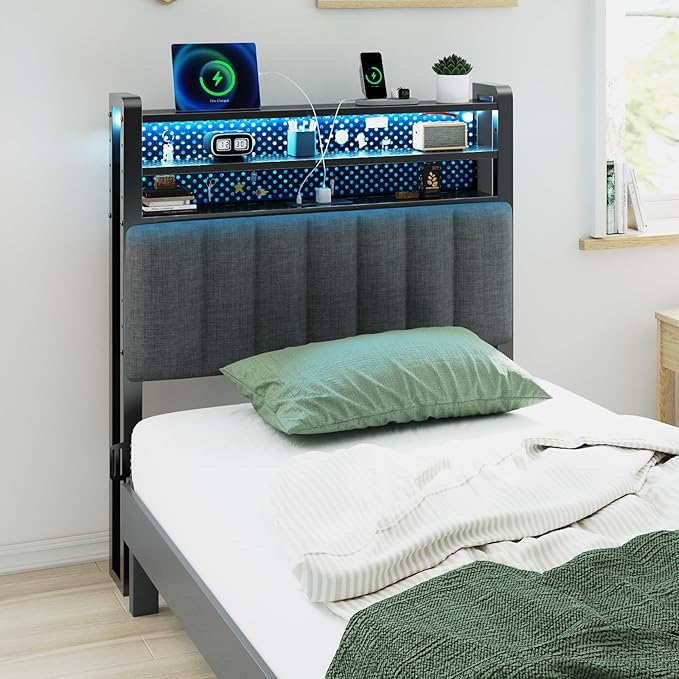 VINGLI Twin or Twin XL Size Headboard, Adjustable Upholstered Headboard with 3 Tier Shelves and Pegboard with Charging Stations and LED Lights, Modern Bed Headboard with Storage for Bedroom Decor