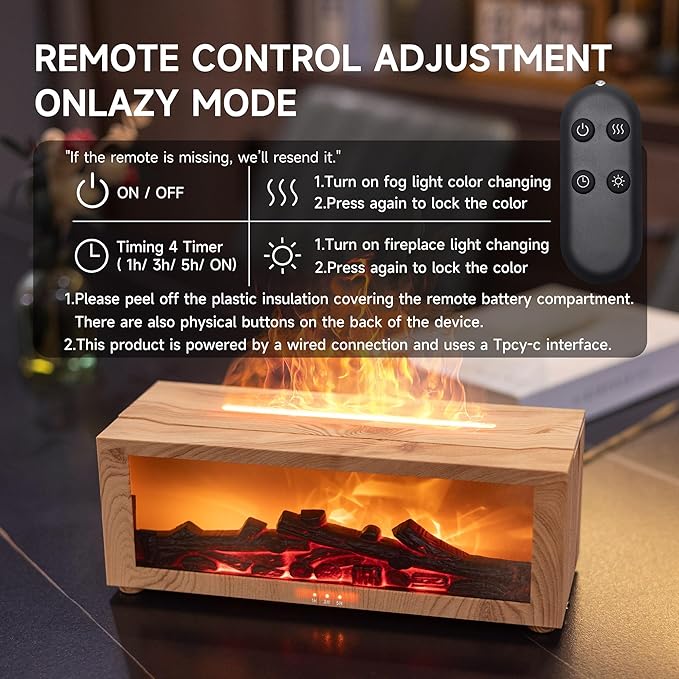 TMEHM Fireplace Flame Air Diffuser Humidifier,7 Colors Aromatherapy Essential Oil Diffuser,Ultrasonic Aroma Humidifier with Timer for Home,Bedroom,Office,Yoga