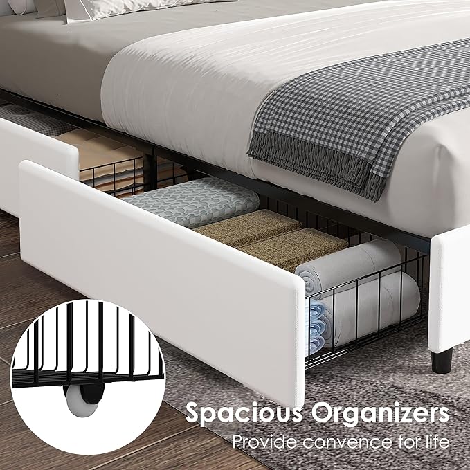 VECELO King Size Upholstered Bed Frame with 4 Storage Drawers, Adjustable Velvet Rivet Decor Headboard, Wooden Slats Platform Support, No Box Spring Needed, Easy Assembly,White