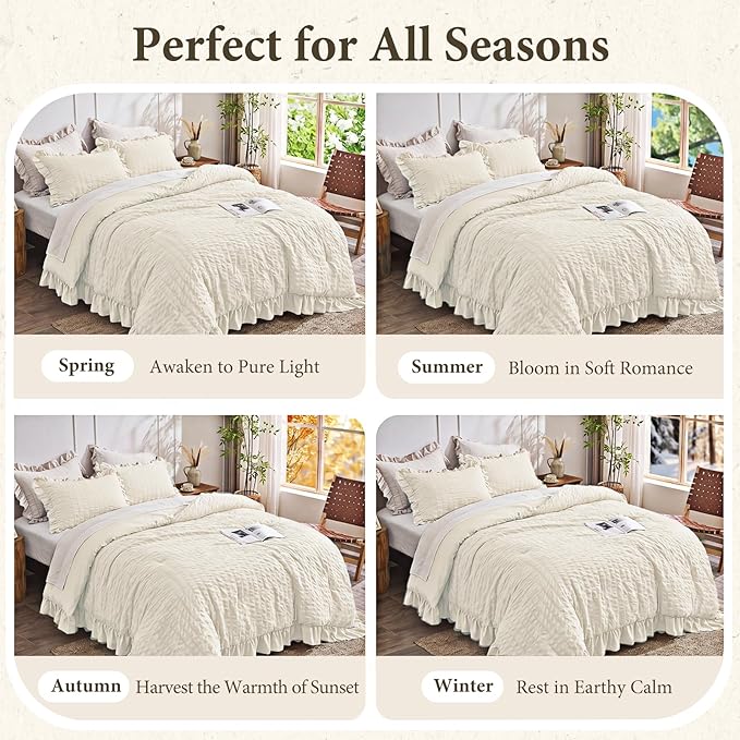 JOLLYVOGUE Ivory King Comforter Set, 3 Pieces Seersucker Comforters King Size, Lightweight & Fluffy Bedding Sets King for All Season with 1 Ruffle Comforter and 2 Ruffle Pillowshams