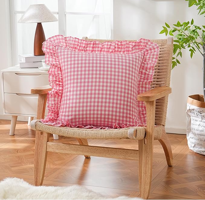 2 Pack Pink/White Plaid Ruffled Checkered Throw Pillow Cover 20 x20 inches, Washed Cotton Vintage Farmhouse Pillow Sham Decorative Gingham Pillowcases for Bed/Living Room
