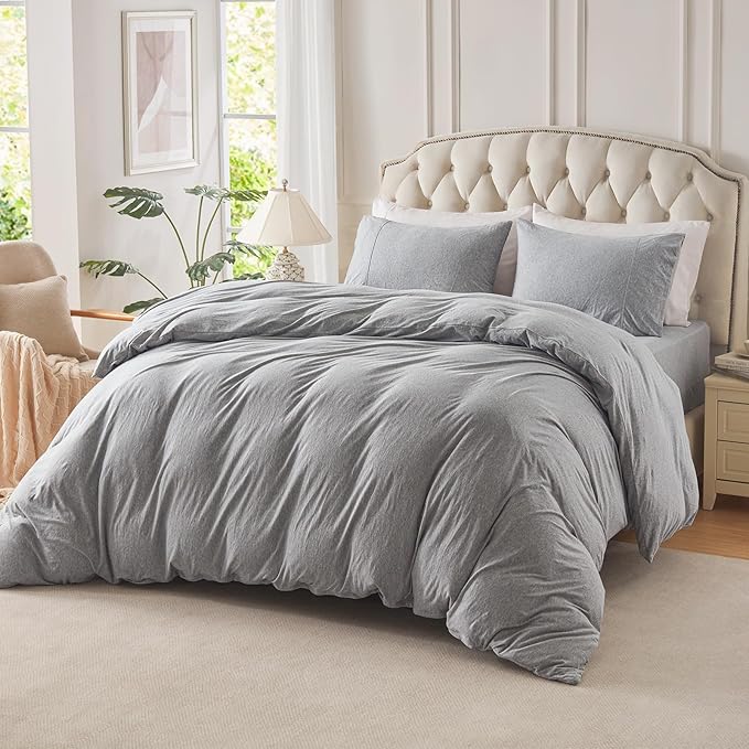 PURE ERA Jersey Knit Duvet Cover Set 100% T-Shirt Cotton Super Soft Comfy 2pc Bedding Set with Zipper Closure (Heather Grey, Twin)