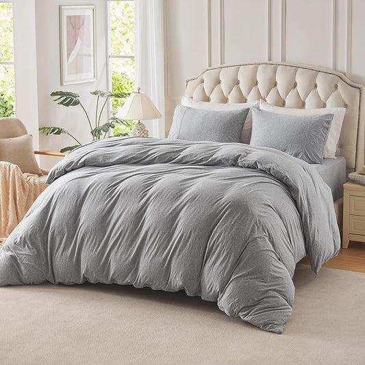 PURE ERA Jersey Knit Duvet Cover Set 100% T-Shirt Cotton Super Soft Comfy 2pc Bedding Set with Zipper Closure (Heather Grey, Twin)