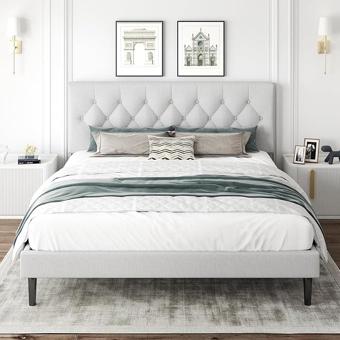 CXVX King Size Platform Bed Frame with Upholstered Headboard, Button Tufted Design, Strong Wooden Slats, No Box Spring Needed, Easy Assembly, Noise Free