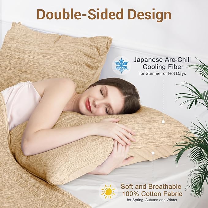 Elegear Cooling Pillow Cases for Hot Sleepers, Japanese Q-Max 0.5 Cooling Pillowcases, Both Sides[Cooling/Cotton], Breathable Soft Pillowcase for Hair and Skin, Set of 2-Beige (Standard (20" x 26"))