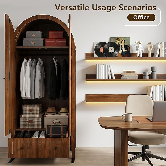 Einhomn Armoire Wardrobe Closet with Drawer & 2 Arched Doors, 70.3'' Tall Wood Closet Organizer with Hanging Rod & 3 Hooks, Large Storage Cabinet Freestanding Bedroom Admoires, Easy Assembly, Walnut