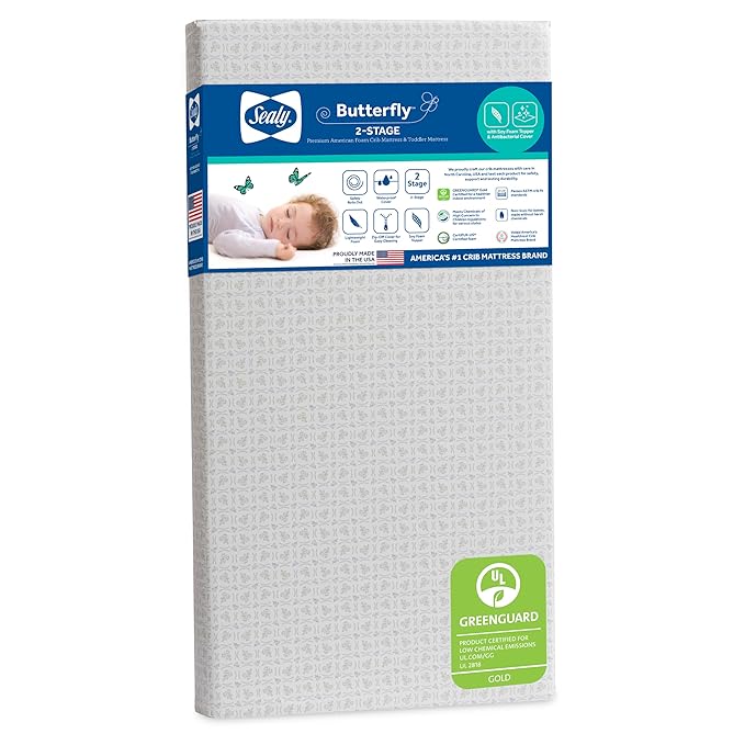 Sealy Butterfly 2-Stage Dual Firm Antibacterial Foam Baby Crib Mattress & Toddler Bed Mattress, Hypoallergenic Waterproof Memory Foam Crib Mattress, GREENGUARD GOLD Certified,Made in USA,52"x28",White