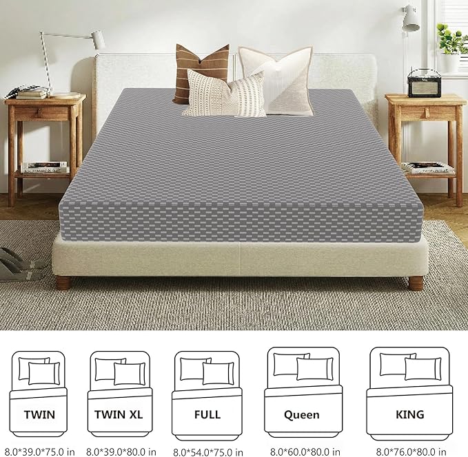 MORANDI 3 Inch Memory Foam Bed Mattress in A Box, Pressure Relief with Medium Firm Support, Machine Washable Mattress Protector with Zipper Removable Cover (Grey, Full 8in)
