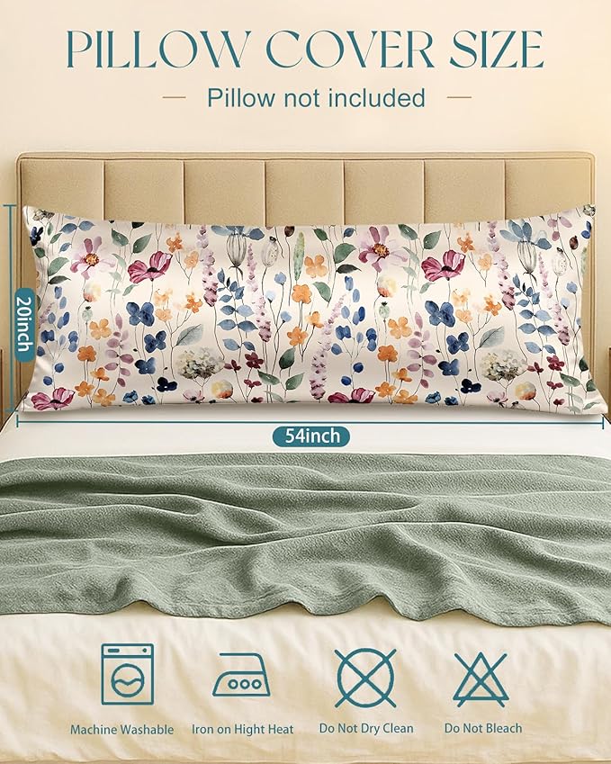Miss Adola Silk Body Pillow Cover with Zipper - 20x54 Inch Silk Long Pillow Case for Women Ladies Adults Soft Bed Decorative Cute Boho Large Body Pillowcase Sham for Hair and Skin, Watercolor Flower
