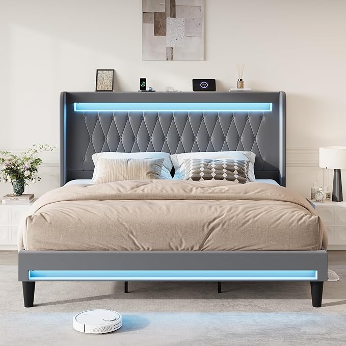 SHA CERLIN King Size LED Bed Frame with Charging Station, Velvet Upholstered Platform Bed with High Wingback Headboard, No Box Spring Needed, Easy Assembly, Grey