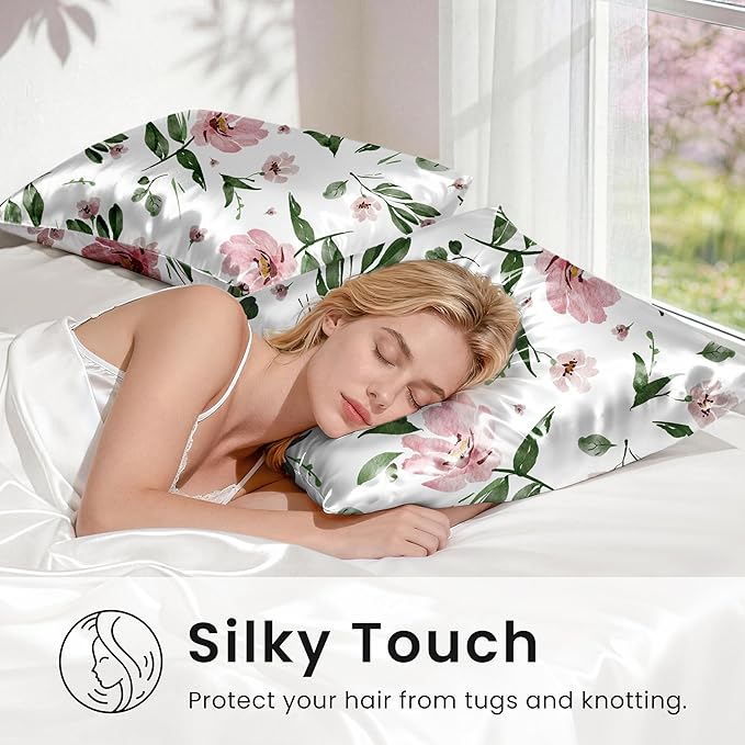 EXQ Home Satin Pillowcase for Hair and Skin Queen - Printed Pink Bloom Silk Pillow Cases 2 Pack 20x30 inches - Satin Pillow Cases Set of 2 with Envelope Closure, Gifts for Women Men