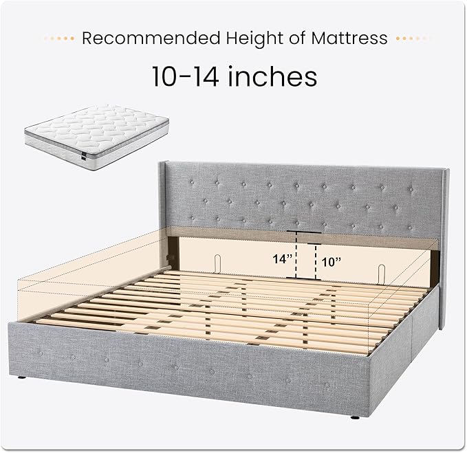 SHA CERLIN King Size Lift Up Storage Bed Frame,Button Tufted Wingback Headboard,Upholstered Platform,Hydraulic Storage,Wooden Slat Support,No Box Spring,Light Grey