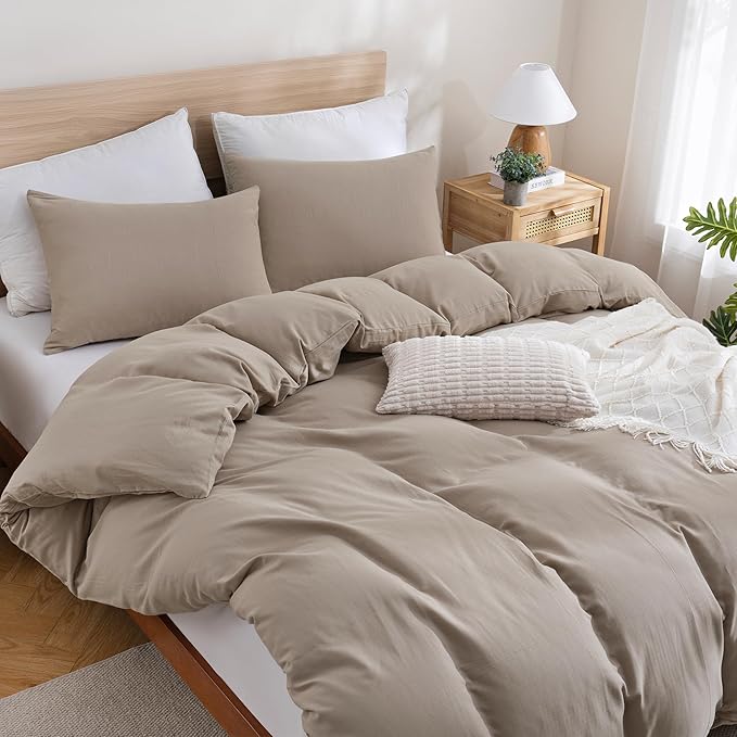 TOCOMOA Muslin Duvet Cover 100% Cotton Like Linen Texture Breathable Soft Comfy 3-Piece Taupe Comforter Cover Bedding Set (Queen 90"x90", Comforter Not Included)