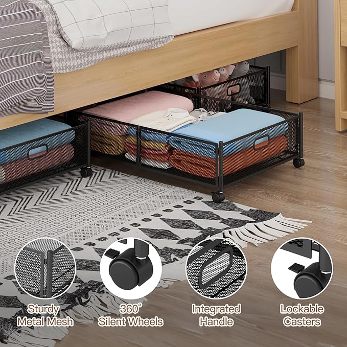 Gawerk Under Bed Storage with Wheels, Foldable Metal Mesh Underbed Storage Container Bins, Tool-free Assembly Clothes Drawer Organizer, 2Pack