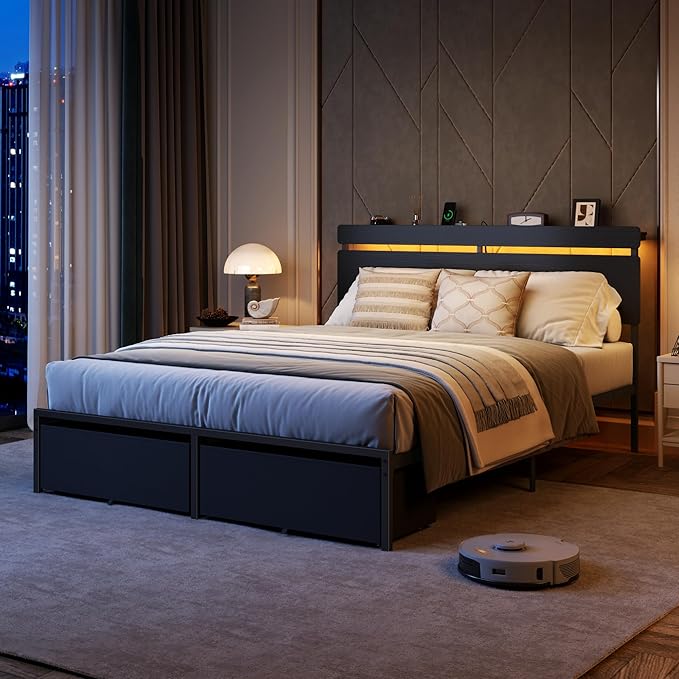 Forestell Queen Bed Frame with Wood Headboard, Black Platform Bed with 2 Storage Drawers & Shelf, Built-in Charging Station & LED Lights, Metal Support, No Box Spring Needed, Cama Queen Size