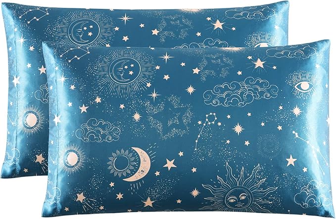 EXQ Home Satin Pillowcase for Hair and Skin, Soft Cooling Printed Pillow Cases King Size Set of 2 Satin Pillow Case with Envelope Closure (Sun,20x40 inches)
