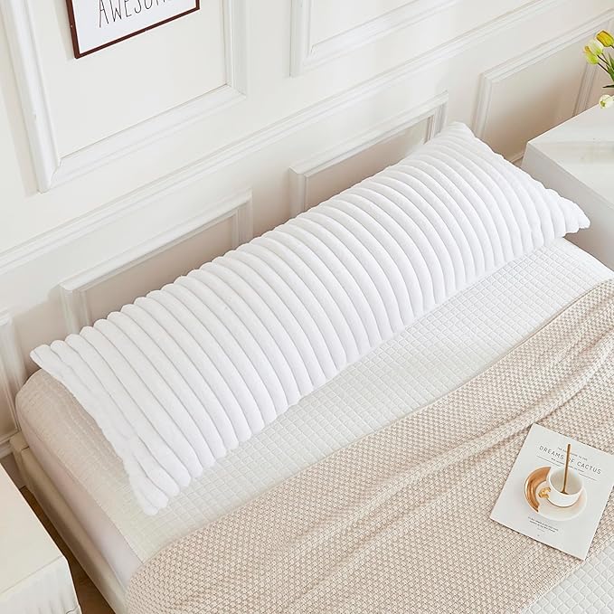 JAUXIO Faux Fur Fluffy Body Pillow Cover Luxury Textured Vertical Stripe Plush Decorative Body Pillowcase, Ultra Soft and Cozy Zipper Closure 21 x 54 Inches, White