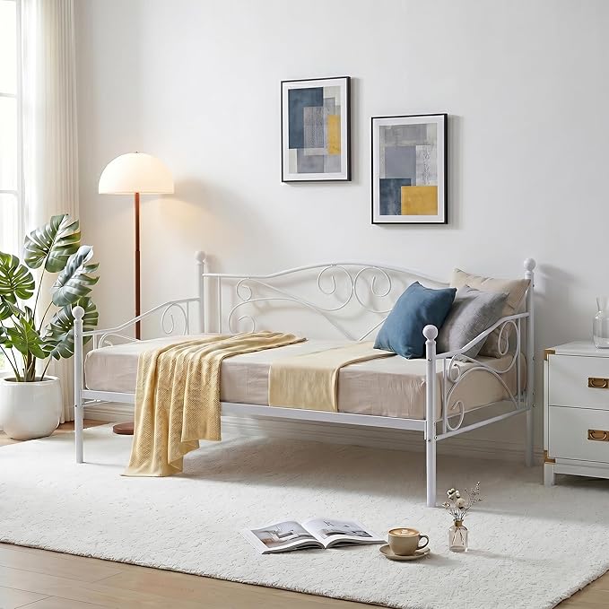 VECELO Daybed Frame, Twin Size Metal Platform Bed with Headboard,Heavy Duty Steel Slats Support for Living Room Bedroom Guest Room, Easy Assembly