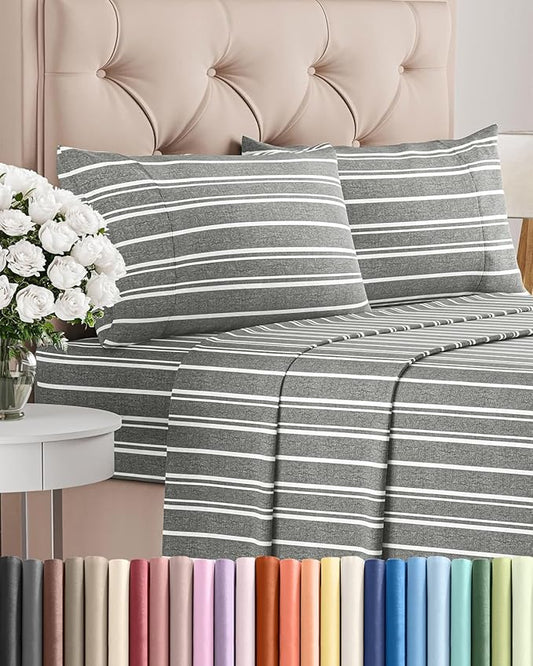 King Size 4 Piece Sheet Set - Comfy Breathable & Cooling Sheets - Hotel Luxury Bed Sheets for Women & Men - Deep Pockets, Easy-Fit, Soft and Wrinkle Free Sheets - Grey Stripes Oeko-Tex Bed Sheet Set