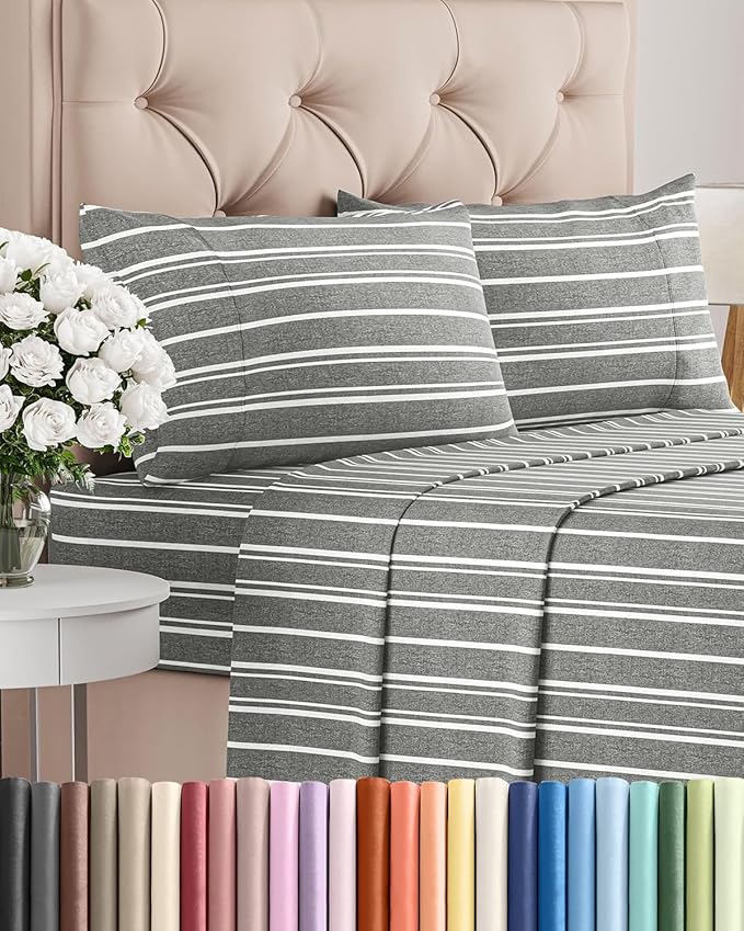 Cal King Size 4 Piece Sheet Set - Comfy Breathable & Cooling Sheets - Hotel Luxury Bed Sheets for Women & Men - Deep Pockets, Easy-Fit, Soft & Wrinkle Free Sheets - Grey Stripes Oeko-Tex Bed Sheet Set