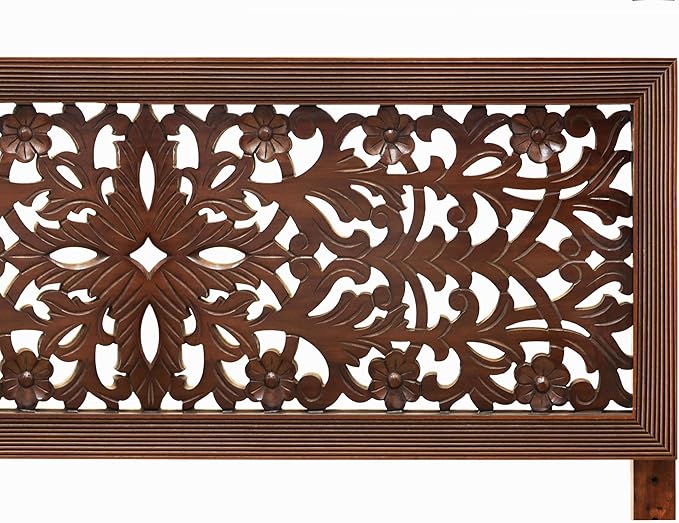 COTTON CRAFT Solid Wood Sturdy Queen Headboard - Compatible with All Bed Frame - Intricate Hand Carved Rajasthan Motif - Bohemian Transitional - Beautiful for Any Bedroom - Rustic Antique Brown