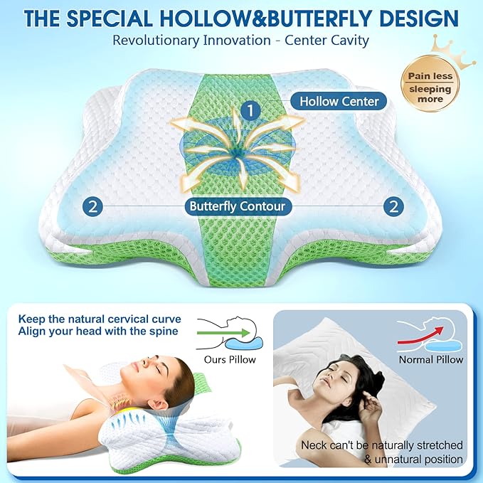 CHxxy Memory Foam Pillows, Cervical Pillow for Neck and Shoulder Pain Relief, Ergonomic Contour Bed Pillow, Soft for Side Sleep Stomach Sleeping and Back Sleeper-Queen Size&Green