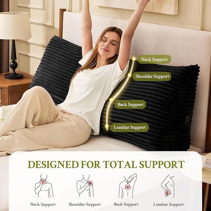 Headboard Pillow Twin, Headboard Wedge Pillow, Back Rest Pillows for Sitting, Reading, Working, Triangle Pillow with Removable Cover, Daybed Pillows for Bed Dorm Sofa, Black