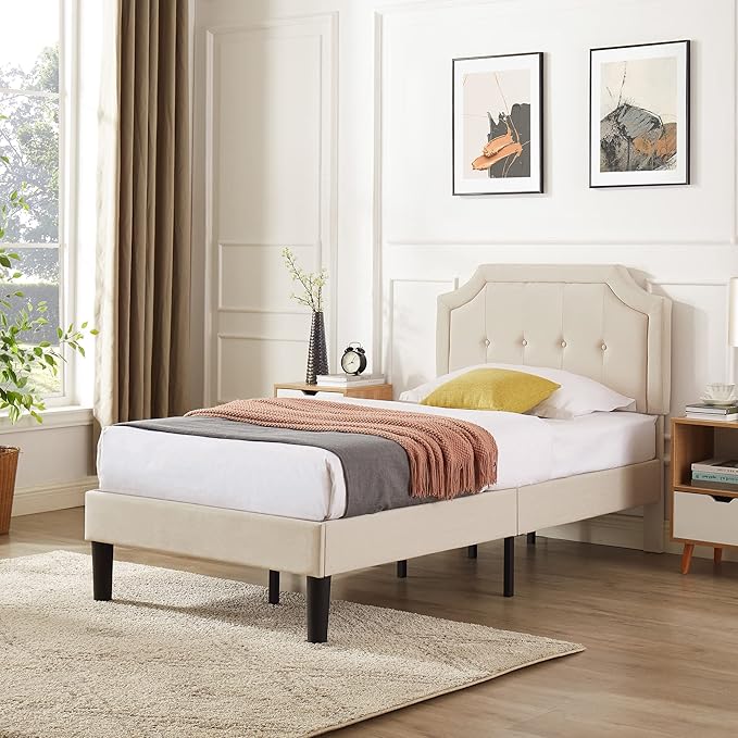 VECELO Twin Upholstered Platform Bed Frame with Adjustable Button Stitched Panel Headboard,Strong Wood Slat Support,Velcro Design,Mattress Foundation/Easy Assembly,Light Beige