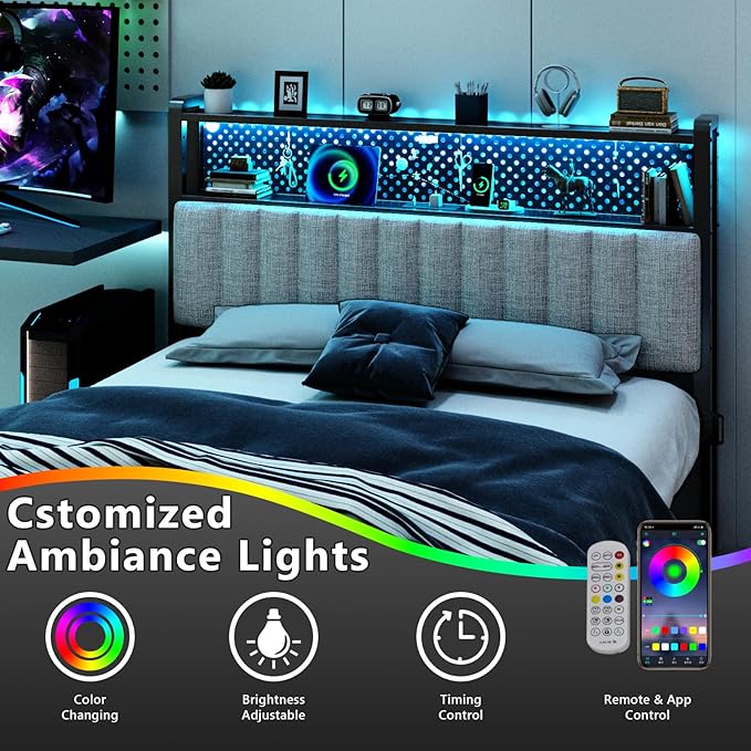 VINGLI Full Size Headboard Only, Adjustable Upholstered Headboard with 2 Tier Shelves and Pegboard with Charging Stations and LED Lights, Modern Bed Headboard with Storage for Bedroom Decor