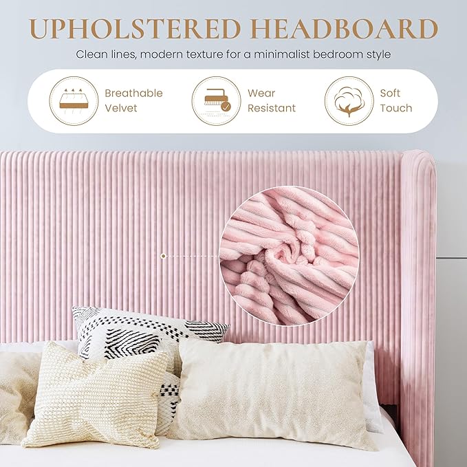 SHA CERLIN King Size Corduroy Upholstered Platform Bed Frame with Vertical Channel Tufted Wingback Headboard, 8" Under Bed Storage, Wooden Slats & Metal Frame Support, Easy Assembly, Light Pink