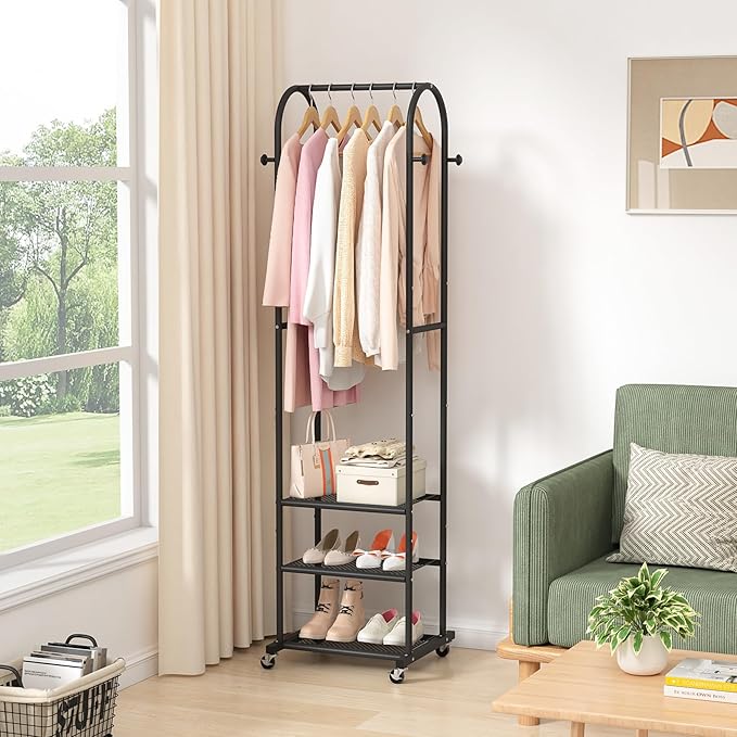 Kaitiemoo Heavy Duty Clothing Rack with Wheels,Modern Garment Rack with 3 Metal Shelves, 71.8Inches Display Rack for Hanging Clothes, Hanging Rod for Small Space,Black