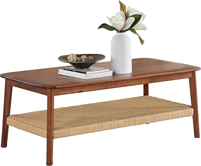 Alaterre Furniture Calais 48 Inch Rectangular Solid Wood Coffee Table with Woven Storage Shelf – Mid Century Modern 2-Tier Living Room Table (Chestnut)