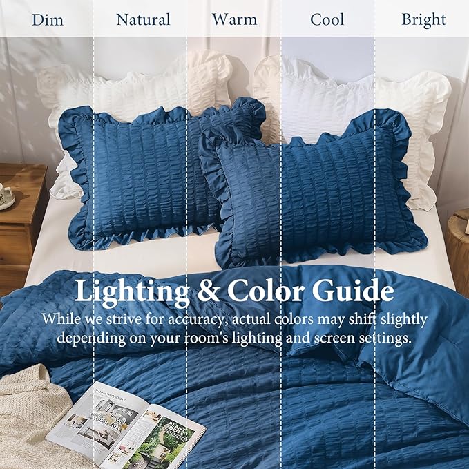 JOLLYVOGUE Teal Twin Size Comforter Set, 2 Pieces Seersucker Lightweight Fluffy Bedding Set, Twin Ruffle Comforter, All Season Soft Microfiber Shabby Chic Bed Set