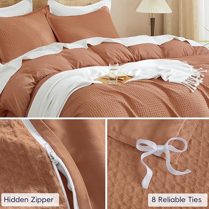 PHF Waffle Weave Duvet Cover Set Queen Size, No Snagging Ultra Soft Luxury Textured Breathable Comforter Cover for All Season 3pcs, Durable Bedding Duvet Set with 2 Pillow Shams, 90"x90", Terra Cotta