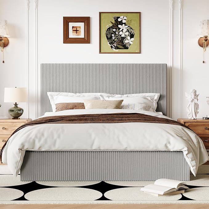 Allewie Queen Bed Frame, Upholstered Platform Bed, Adjustable Vertical Channel Tufted Headboard, Corduroy Fabric, Modern Low Profile, Wooden Slats, No Box Spring Needed, Easy Assembly, Light Grey