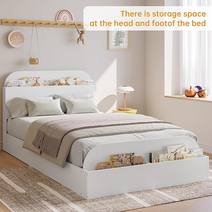 Garvee Twin XL Size Bed Frame with Storage Headboard and Raised Footboard – Wooden Twin-Floor Low Platform Bed for Kids, Heavy Duty & Noise Free, No Box Spring Needed, White