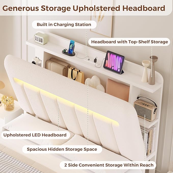 Jocoevol Queen Bed Frame with Storage Headboard,Upholstered White Bed Frame Queen Size with Storage Drawers and Charging Station,Velvet Platform Metal Bed, Noise-Free, No Box Spring Needed