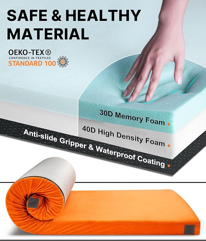 GAIALOOP 3 Inch Memory Foam Camping Mattress, Dual Layer Thick Sleeping Camp Pad for Car Tent Cot, Roll-Up Portable Glamping Floor Bed for Guests Sleepover