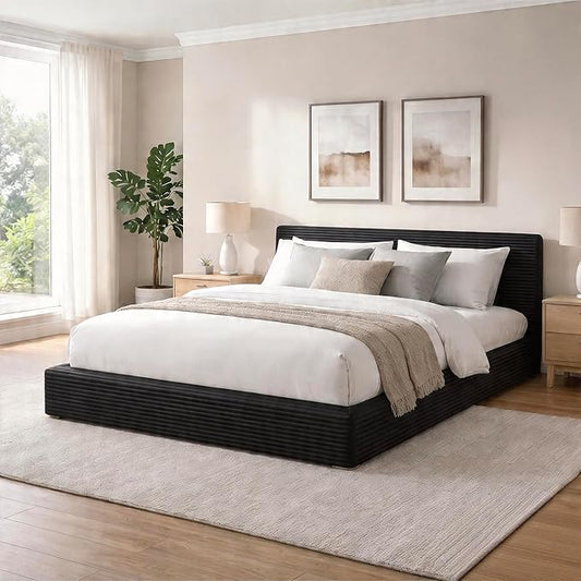 Novilla Queen Size Bed Frame, Plush CloudSoft Bed, Corduroy Upholstered Platform Bed Frame with Headboard, Easy Assembly, No Box Spring Needed, Modern Soft Bed Frame, Black