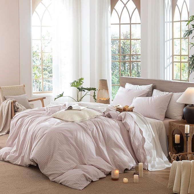 MooMee Striped Duvet Cover Set 100% Washed Cotton Linen Like Textured Breathable Durable Soft Comfy (Heathered Greyish Pink White Wide Stripes, Twin 68"x90")