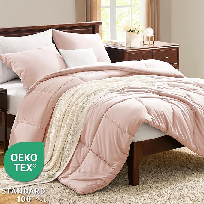 CozyLux King Comforter Set - 270GSM Blush Pink Bedding Sets for All Seasons Size, 3 Pieces Box Stitched Bed Set with 1 Down Alternative Comforter and 2 Pillow Shams, Soft, Lightweight, Durable