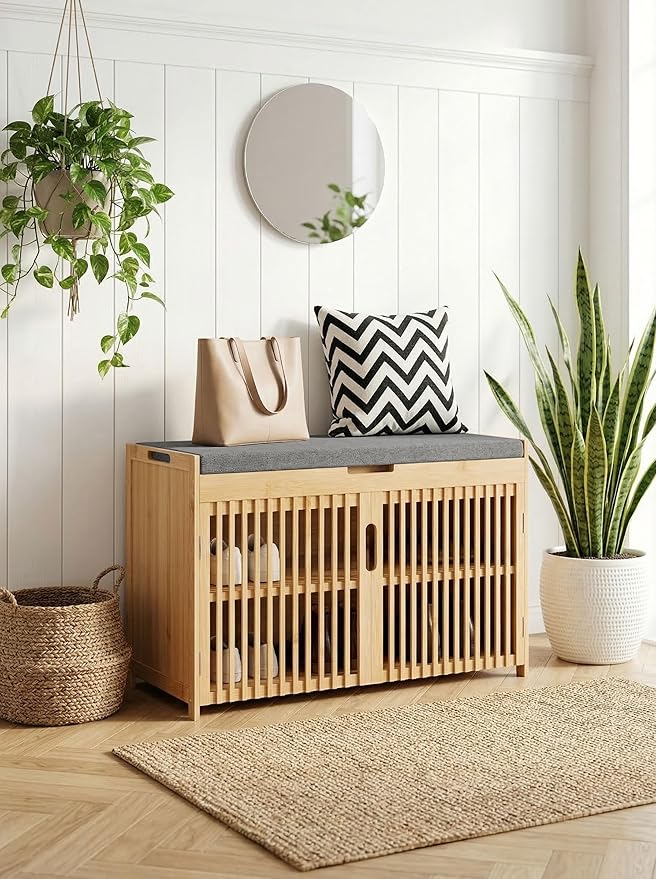 WISUCART Shoe Storage Bench with Cushion Seat, Bamboo Entryway Shoe Rack Bench, 2-Tier Shoe Organizer for Entryway, Bedroom, Hallway, Living Room, Holds Up to 330 lbs, Nature