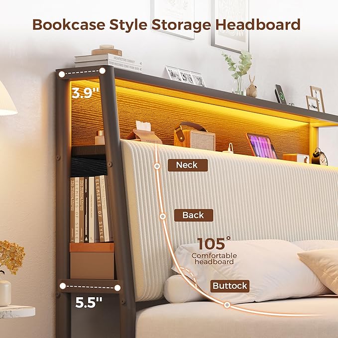 Upholstered Full LED Bed Frame with 2 Storage Drawers and Charging Station, Corduroy Platform Bed with 3-Tier Storage Bookcase Headboard, Heavy Duty Metal Support, No Box Spring Needed - Beige