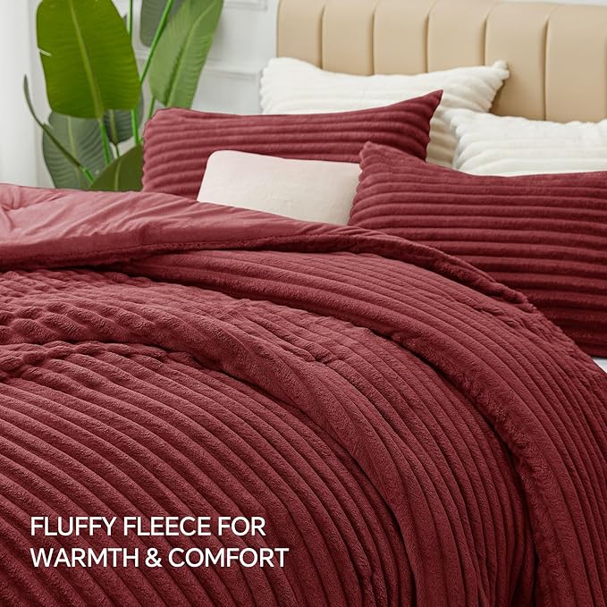 BEDELITE Fleece King Comforter Set -Super Soft & Warm Fluffy Burgundy Bedding, Luxury Fuzzy Heavy Bed Set for Winter with 2 Pillow Cases