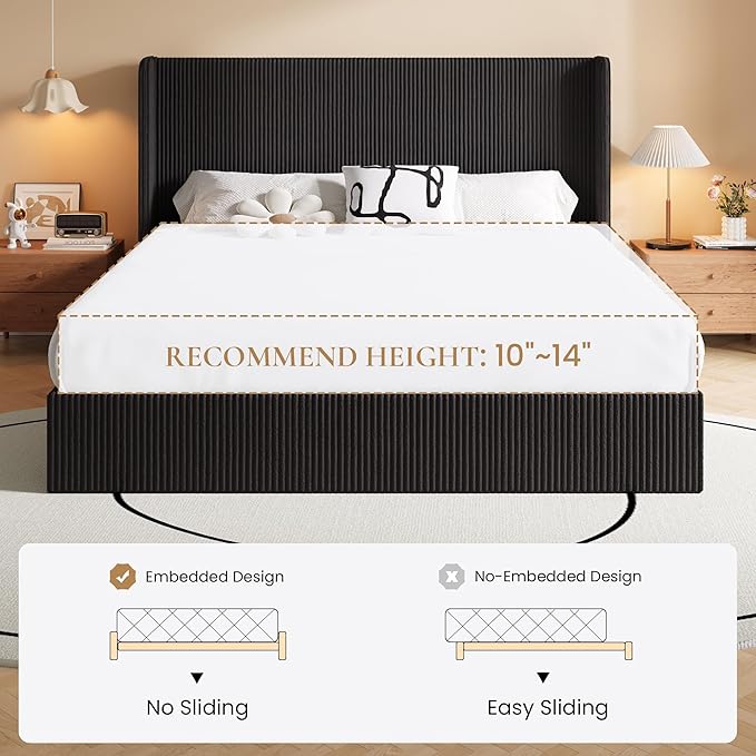 SHA CERLIN King Size Lift Up Storage Bed Frame, Modern Upholstered Wingback Headboard, Hydraulic Support & Underneath Storage, Soft Corduroy Fabric Platform Bed, No Box Spring Needed, Black