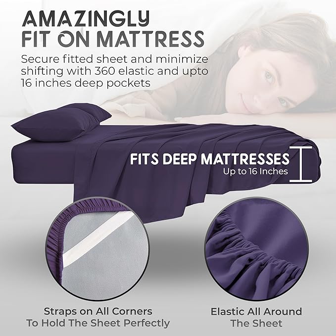Royal Bliss California King - 4 Piece Deep Pocket Sheet Set for Adjustable Beds - Double Brushed Microfiber (Plum)