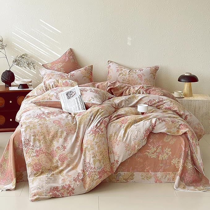 VM VOUGEMARKET Vintage Floral Double Gauze Duvet Cover Set Queen – Blush Peach Jacquard, Reversible Breathable Cotton Bedding, Rustic Pastoral Style for Cozy Family Bedrooms