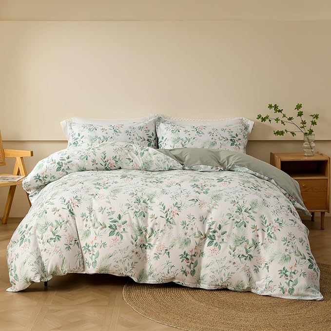 OAITE Duvet Cover Set,100% Cotton Comforter Cover with Floral Pattern Duvet Cover Set,Soft Bedding Set Includes with 3 Piece (2 Pillow Shams,1 Duvet Cover)