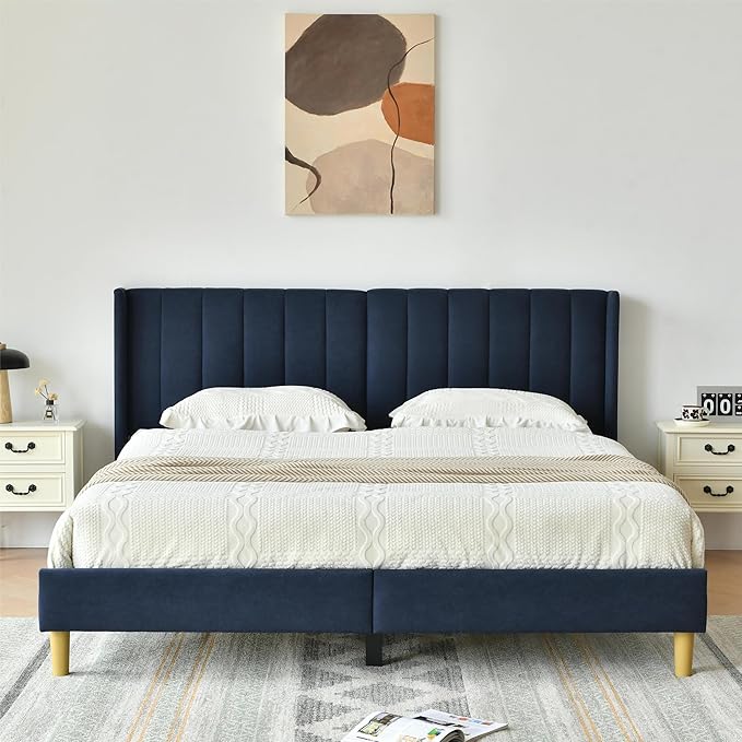 YUHUASHI upholstered Platform Bed Frame/King Bed Frame/Modern Geometric Double-Wing Design headboard/Linen Fabric/Easy to Assemble no Noise (Navy Blue, King (U.S. Standard))